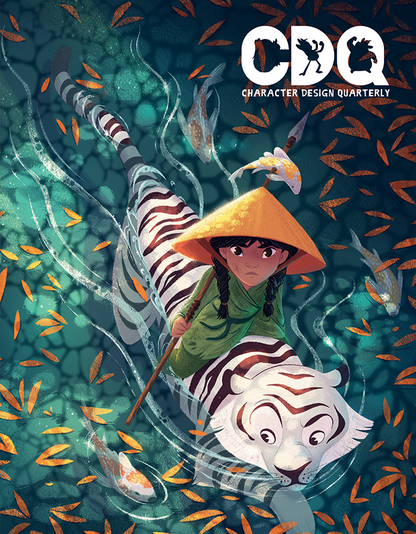 Character Design Quarterly cover of an illustration of an Asian woman riding a swimming white tiger 