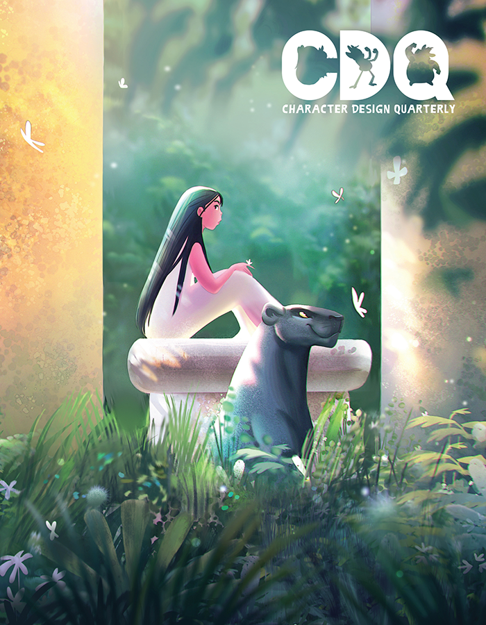 Character Design Quarterly cover of an illustration of a regal-looking woman sitting on a stone platform next to a panther 