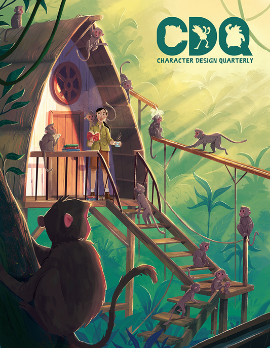 Character Design Quarterly cover of an illustration of a woman in a jungle house surrounded by monkeys
