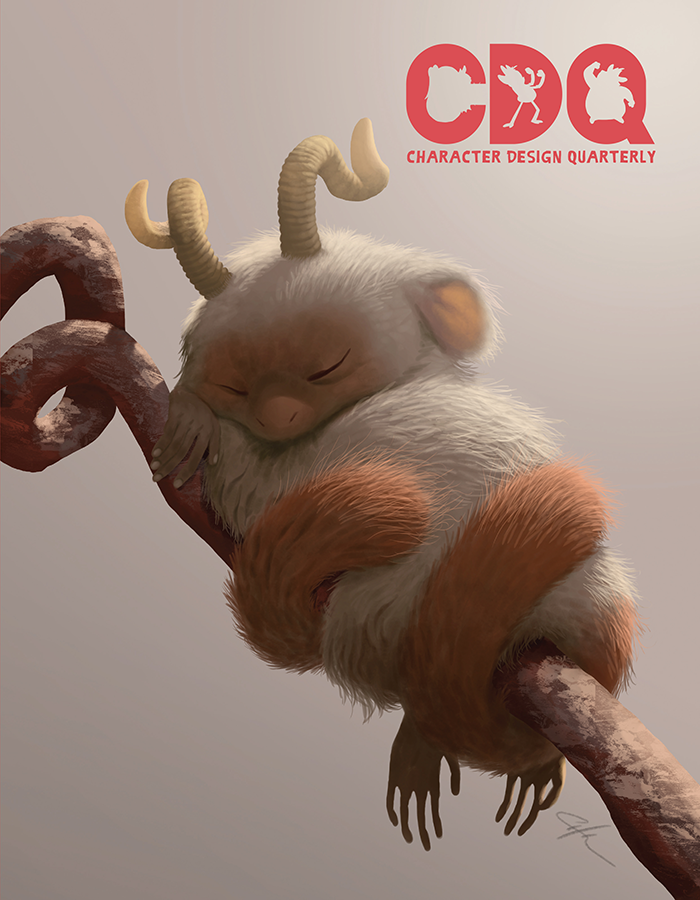 Character Design Quarterly cover of an illustration of a sleeping critter curled around a tree branch