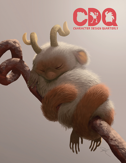 Character Design Quarterly cover of an illustration of a sleeping critter curled around a tree branch