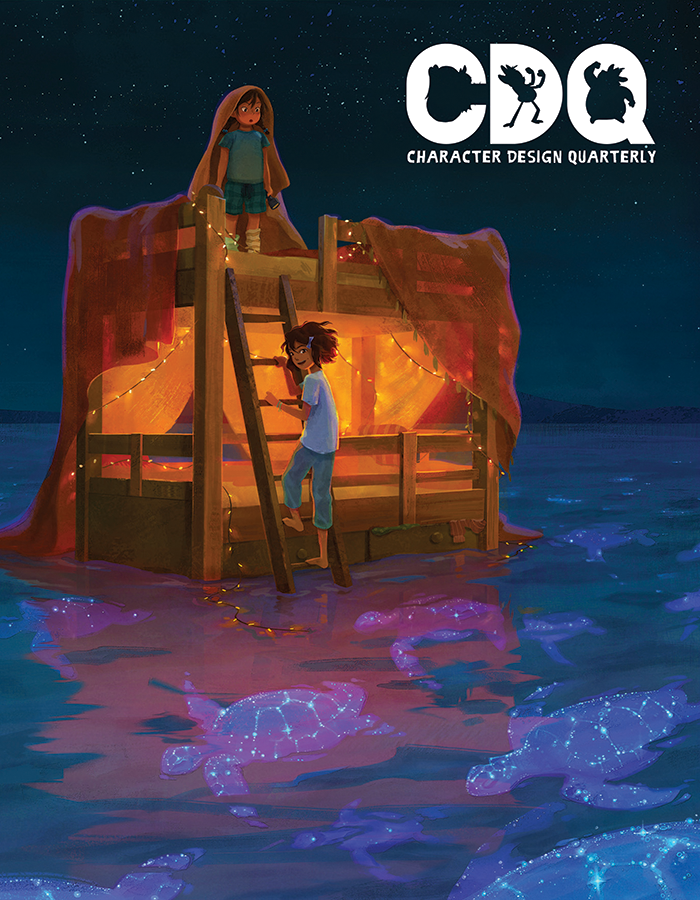Character Design Quarterly cover of an illustration of sisters in a bunk bed surrounded by sea turtles