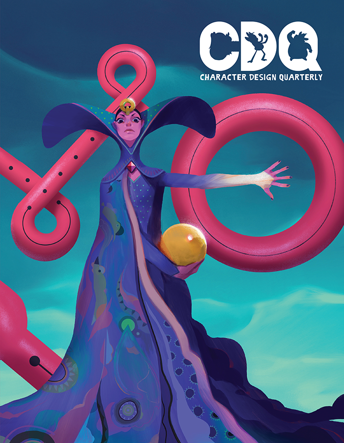 Character Design Quarterly cover of an illustration of a queen-like woman wearing a purple cape