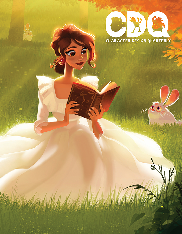 Character Design Quarterly cover of an illustration of a woman sitting in a field reading a book, with rabbits