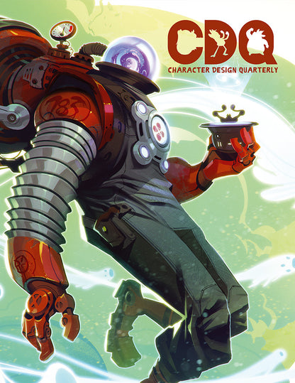 Character Design Quarterly cover of an illustration of a futuristic robot holding futuristic equipment 