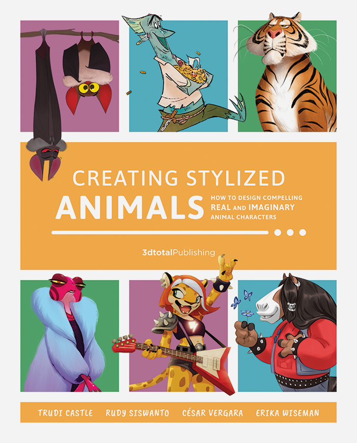 White cover of 'Creating Stylized Animals' book, with colourful cartoon characters, both animals and anthropomorphic animals.