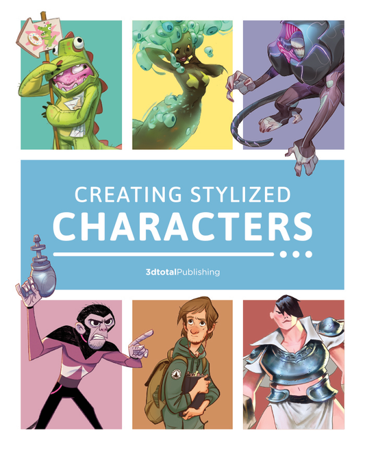 White cover of 'Creating Stylized Characters' with cartoon characters including humans, critters and anthropomorphic animals.