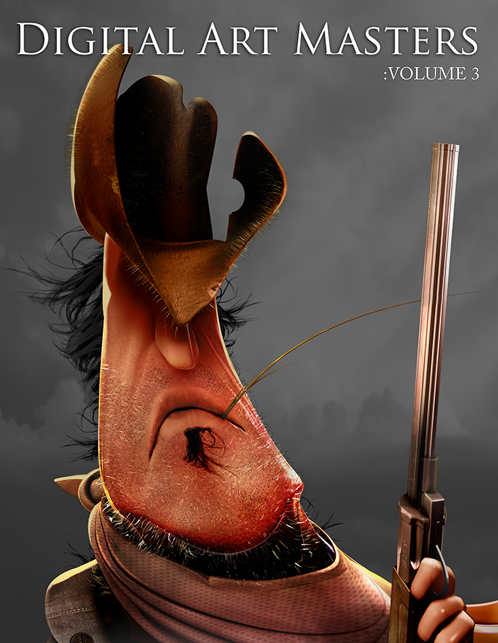 'Digital Art Masters: Volume 3' cover showing a stylised cowboy wearing a hat, holding a pistol and chewing a blade of grass.