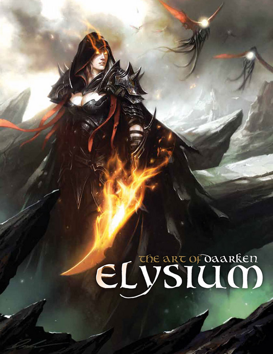 Cover of 'Elysium: The Art of Daarken', showing a female magical warrior holding a fiery blade, her eyes glowing like flames.