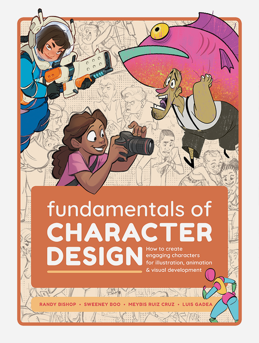 White cover of 'Fundamentals of Character Design', showing a wide range of cartoon characters, both colourful and monochrome.