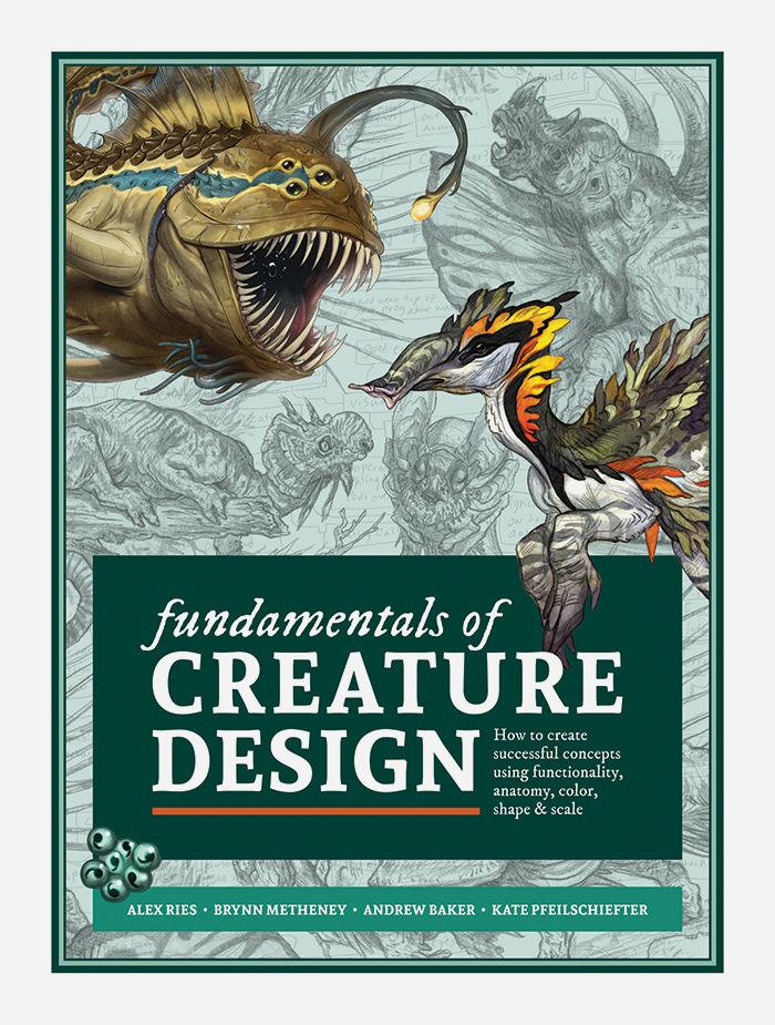 White cover of 'Fundamentals of Creature Design', showing a variety of creatures and monsters, both colourful and monochrome.