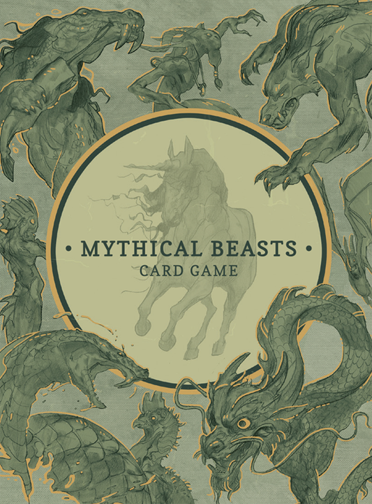 Green 'Mythical Beasts: Card Game' cover depicting dragons, werewolves and other fantasy creatures edged with golden accents.