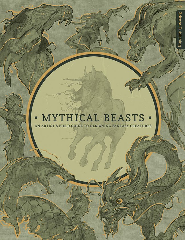 Green and golden cover of 'Mythical Beasts' book, showing a unicorn, werewolf, dragon, basilisk and other mythical creatures.
