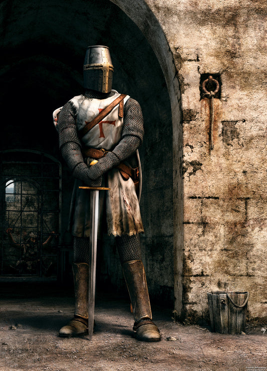 'Digital Art Masters: Volume 1' fantasy cover showing a knight in armour, holding a sword, standing in front of a stone arch.