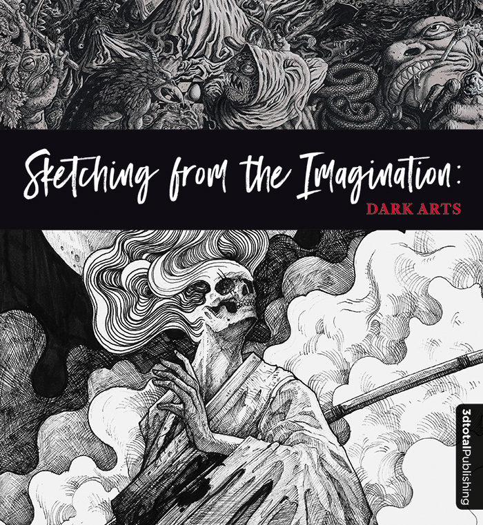 Black and grey 'Sketching From The Imagination: Creatures & Monsters' cover, showing a skeleton samurai and various monsters.