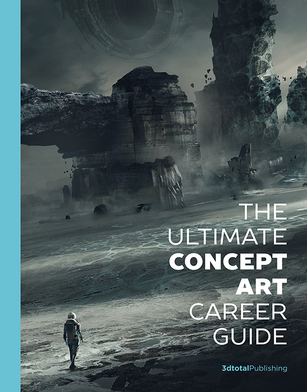 Grey cover of 'The Ultimate Concept Art Career Guide', showing a lone human walking the desolate landscape of an alien planet